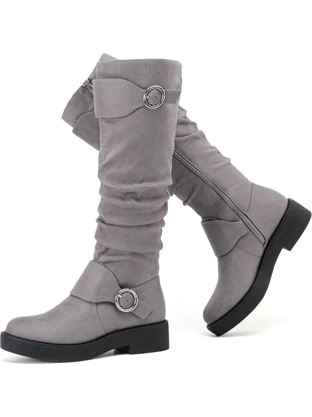 Women's Grey Leather Rubber Slouchy Knee High Comfortable Stylish Tall Boots
